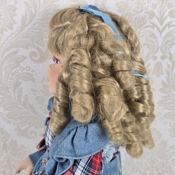 Vintage Delton Porcelain Doll Blue Eyes Blond Ringlets Denim Jumper Plaid Dress - Picture 7 of 16